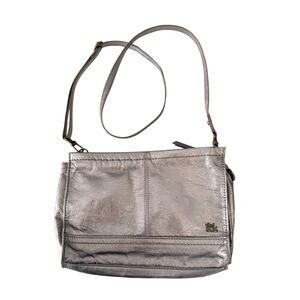 The Sak Metallic Silver Leather Crossbody Bag Foldover Flap Adjustable Strap